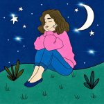 wall art, abstract art, colourful art, whimsical art, flat design, hand drawn, line art, flat art, modern art, cartoon, doodle art, woman, park, outdoors, girl, nature, ponder, thoughts, daydreaming, night sky, stars, moon, night