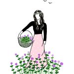 girl, flower basket, flowers, basket, lady, purple, blossom, flora, bloom, spring, nature, pink, lilac, birds, bright, happy, colorful, sketch, drawing, cartoon, doodle