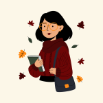 woman, fall, autumn, book, school, nature, school girl, fall illustration, sweater, leaves, girl illustration, drawing, eyeglasses, glasses
